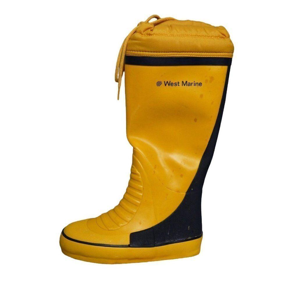West Marine Tall‎ Blue Yellow Rubber Boat Deck Boots size 4 with drawstring